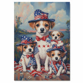 Mother Jack Russell and Three Puppies Wearing Patriotic Outfits and Hats in a Colorful Outdoor American Flag Themed Setting on Ready to Hang 1.5" Thick Canvas Wrap, Floating Framed Canvas, Flat Rolled Canvas